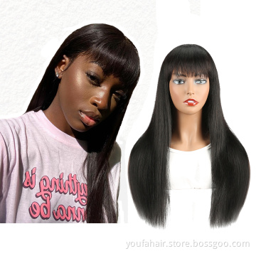 Wholesale Price Raw Cuticle Aligned Brazilian Virgin Human Hair Straight 10A Natural Head Spin Full Machine Made Wig with Bangs